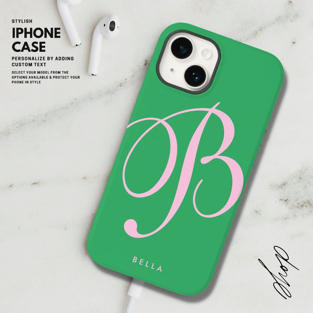 Einfache rosa und grüne Skriptbezeichnung Monogram Case-Mate iPhone Hülle (Von Creator hochgeladen)
