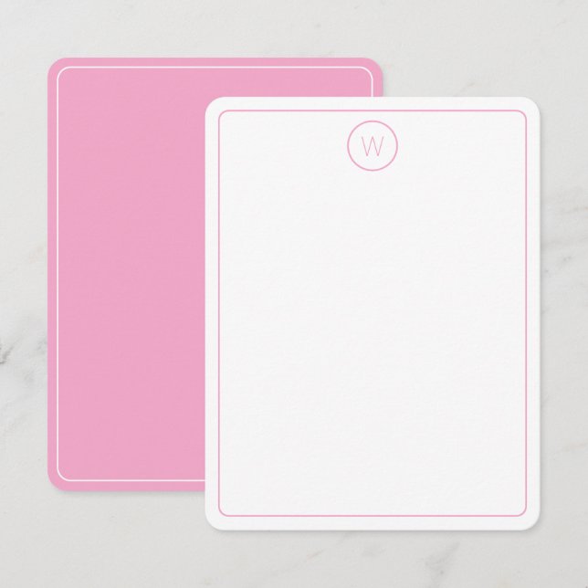 Einfache rosa und weiße Monogramm Mitteilungskarte (Vorne/Hinten)