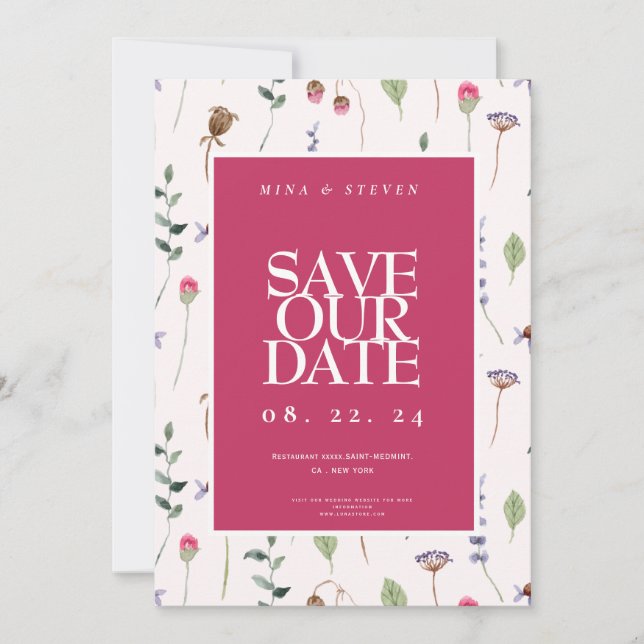 Einfache rosa Wildblume Kranz Save The Date (Vorderseite)