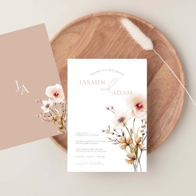 Einfache rosa Wildblumen Beige Blumenhochzeit Einladung (Simple Pink Wildflowers Beige Floral Wedding Invitation)