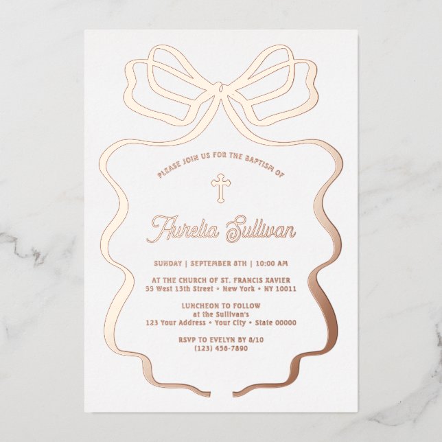 Einfache Rose Gold Bow Taufe Folieneinladung (Vorderseite)