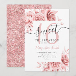 Einfache Rose Gold Floral & Glitzer Sweet 16 Scrip Einladung