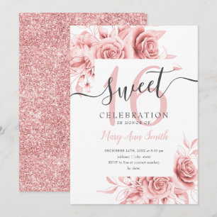 Einfache Rose Gold Floral & Glitzer Sweet 16 Scrip Einladung