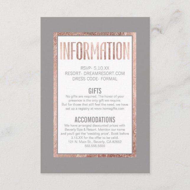 Einfache Rose Gold Frame Graue Informationen Begleitkarte (Vorderseite)