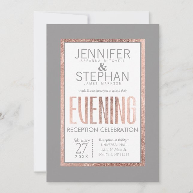 Einfache Rose Gold Frame Slate Grau Empfang Einladung (Vorderseite)