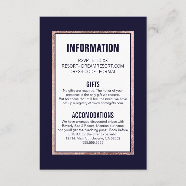 Einfache Rose Gold Lined Navy Blue Hochzeitdetails Begleitkarte (Vorderseite)