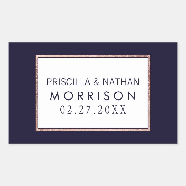 Einfache Rose Gold Lined Navy Blue Wedding Rechteckiger Aufkleber (Vorderseite)