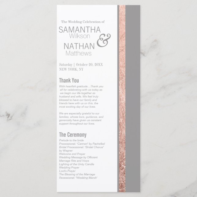 Einfache Rose Gold Rahmen Slate Gray Wedding Programm (Vorderseite)