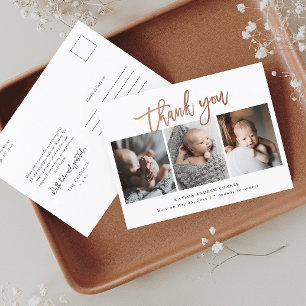 Einfache Rose Gold Script 3 Foto Baby Vielen Dank Postkarte
