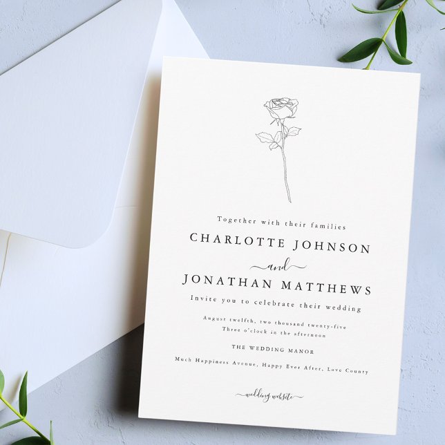 Einfache Rose Minimalistisch Hochzeit Einladung (Simple single rose minimalist floral line art black and white wedding invitation)
