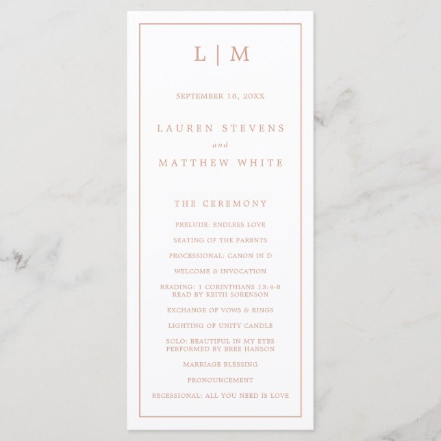 Einfache Rose Rosa Monogramm Elegante Hochzeit Programm (Vorderseite)