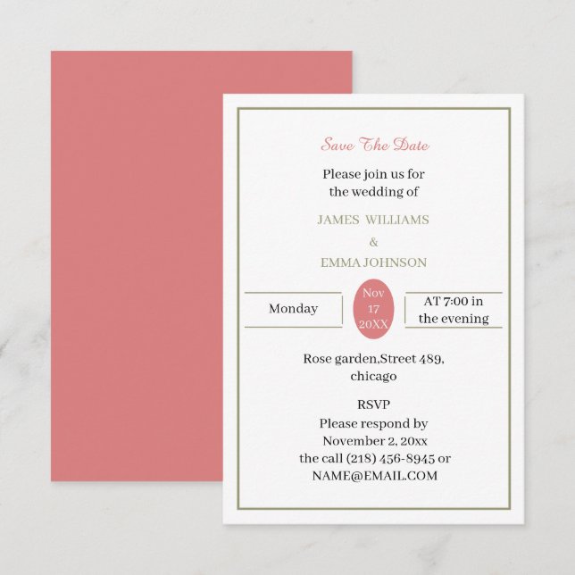 Einfache Rose und grüne, individuell angepasste Save The Date (Vorne/Hinten)