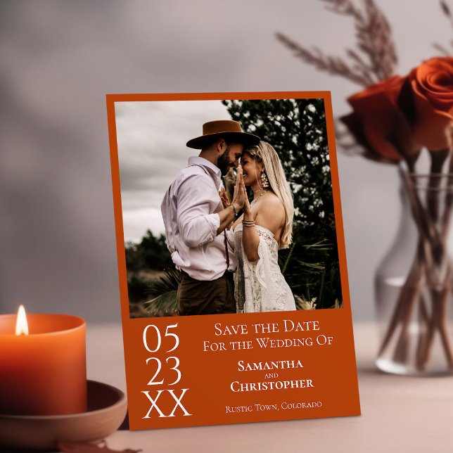 Einfache Rost Orange Moderne Minimal Foto Hochzeit Save The Date (Von Creator hochgeladen)