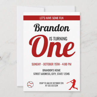 Einfache Rot und Schwarz Baseball 1. Geburtstag Einladung