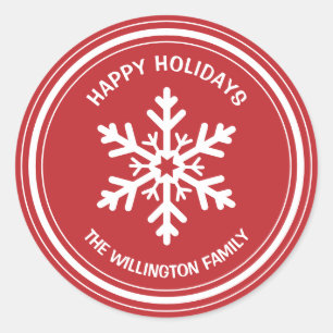 Einfache Rot und Weiß Happy Holidays Snowflake Runder Aufkleber