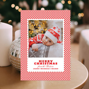 Einfache rote Gingham-Foto-Weihnachtskarte Feiertagskarte
