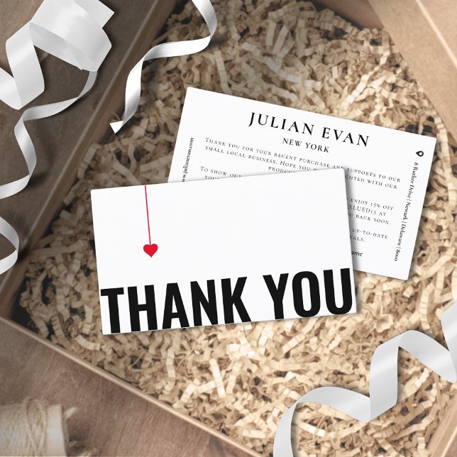 Einfache rote Herzkarte Schwarz und Weiß Dankeschö Visitenkarte (Simple Red Heart Black and White Thank You Card for Business)