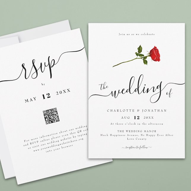 Einfache Rote Rose Eleganter Script QR Code Einladung (Simple red rose watercolor flower elegant script wedding qr code invitation Modern romantic )