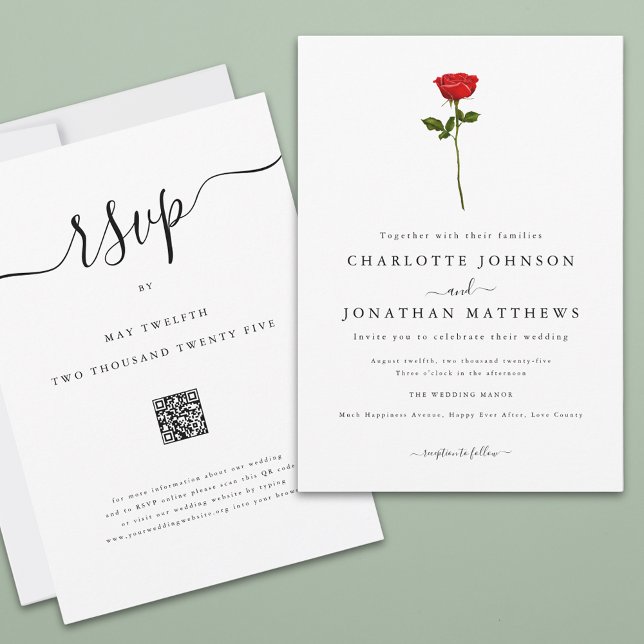Einfache Rote Rose Elegantes Script QR Code Hochze Einladung (Single red rose elegant script wedding qr code invitation Watercolor floral minimalist stylish chic)