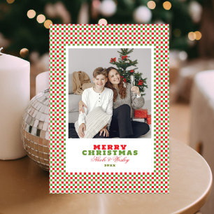 Einfache rote und grüne Gingham-Foto-Weihnachtskar Feiertagskarte