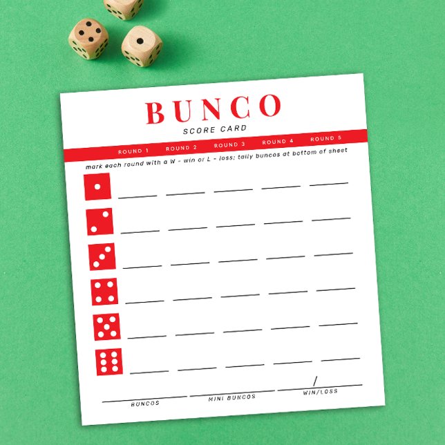 Einfache rote und weiße Bunco-Punktkarte Notizblock (modern tear-off notepad Bunco score card with red and white dice graphic accents)