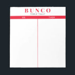 Einfache rote und weiße Bunco-Tabelle - Notepad Notizblock<br><div class="desc">Werft ein Blatt auf jeden Tisch für die Person,  die die Punktzahl behalte,  und strafft Ihr Bunco Spiel mit diesen bereit zu gehen und einfach zu verwenden,  reißen Sie Tally Sheets mit zwei leeren Spalten und roten Akzenten.</div>