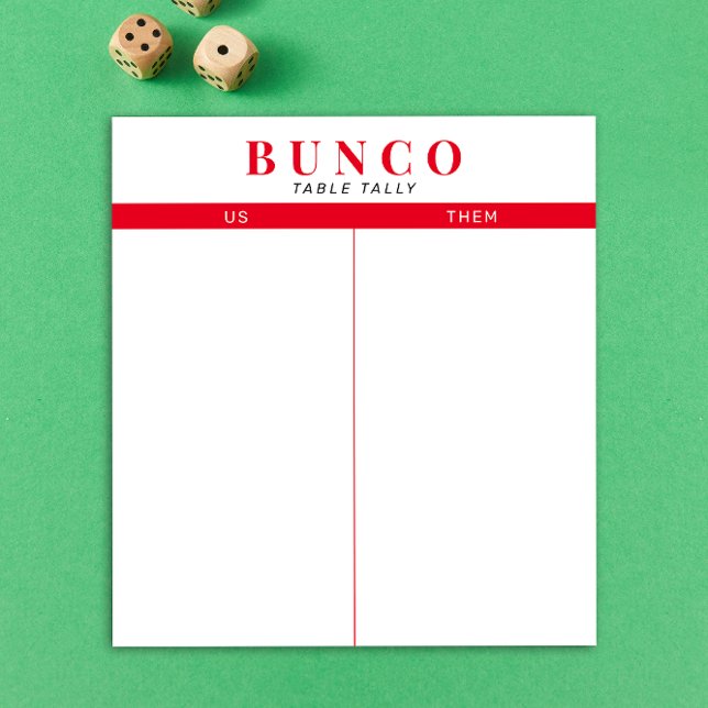 Einfache rote und weiße Bunco-Tabelle - Notepad Notizblock (modern tear-off notepad Bunco score card with red graphic accents)
