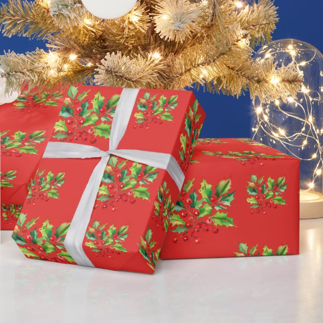 Einfache rote Wasserfarbe Holries Xmas Muster Geschenkpapier (Feiertage)