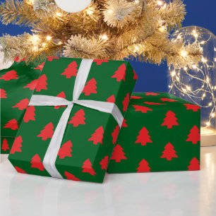 Einfache rote Weihnachtsbäume auf dunklem Grün Geschenkpapier