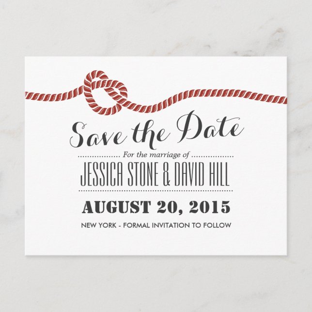 Einfache Roter Seil Knot Wedding Save the Date Ankündigungspostkarte (Vorderseite)