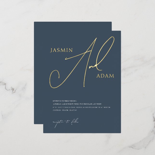 Einfache Royal Blue und Gold Script Wedding Gold Folie Einladungspostkarte (Vorderseite/Rückseite)