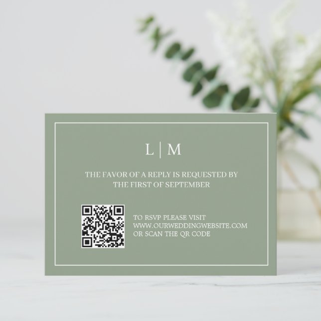 Einfache RSVP-Karte für Monogram, grüner QR-Code H Dankeskarte (Stehend Vorderseite)