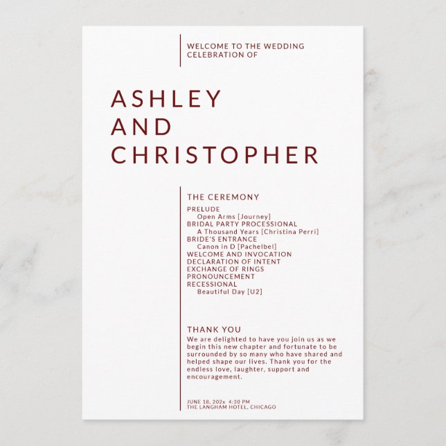 Einfache Ruby Red Abgeschieden Names Hochzeitsfeie Programm (Vorderseite)