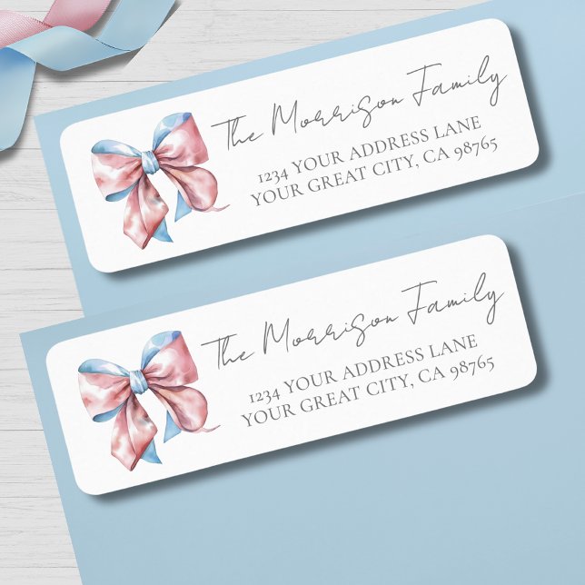 Einfache Rücksendeadresse des Blue Pink Bow Geschl (Simple Blue Pink Bow Gender Reveal Return Address label)