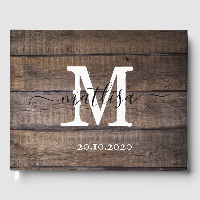 Einfache Rustic Wood Monogram Script Initial Gästebuch (Vorderseite)
