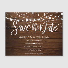 Einfache rustikale Holzreihenleuchten Save the Dat Magnetkarte