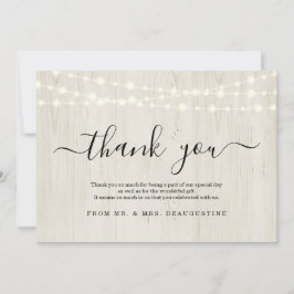 Einfache rustikale Lichter auf hellem Holz Dankeskarte