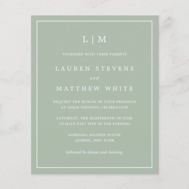 Einfache Sage Green Monogram Budget Hochzeit Einla (Vorderseite)