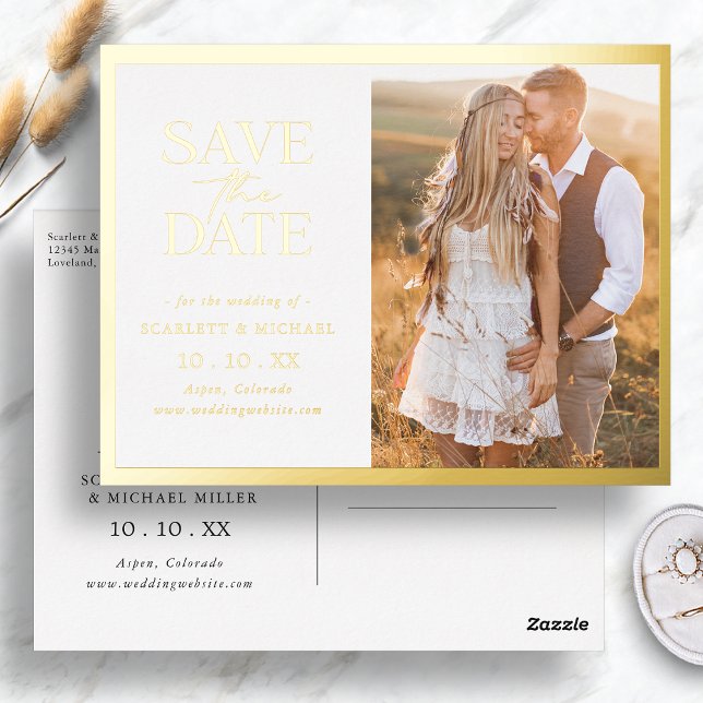Einfache Save the Date Einladung Postkarte (Simple Gold Border Save The Date Foil Invitation Postcard by Painted Paperie
)