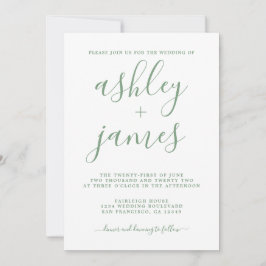 Einfache schick-grüne Weiße Kalligrafie Hochzeit Einladung