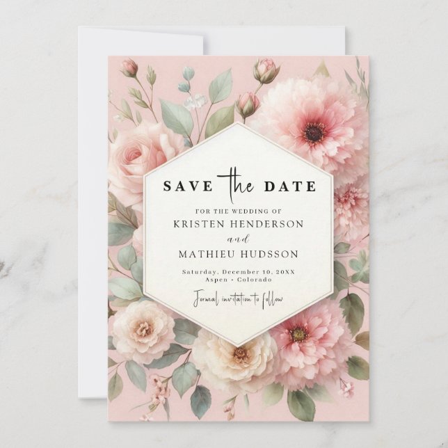 Einfache, schicke rosa Blumenhochzeit Save The Date (Vorderseite)