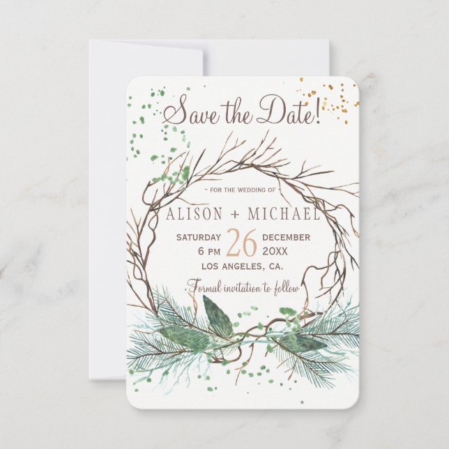 Einfache schicke rustikale Winterkranz rett Hochze Save The Date (Vorderseite)