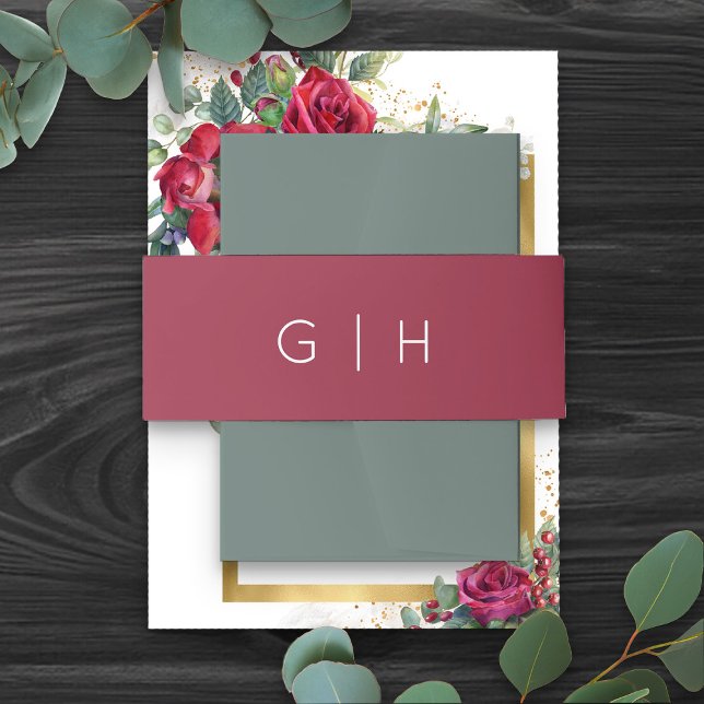 Einfache Schlichte Burgundy Red Mit Monogramm Wedd Einladungsbanderole (Simple monogrammed burgundy red belly bands from my Red Rose and Eucalyptus Wedding Collection)