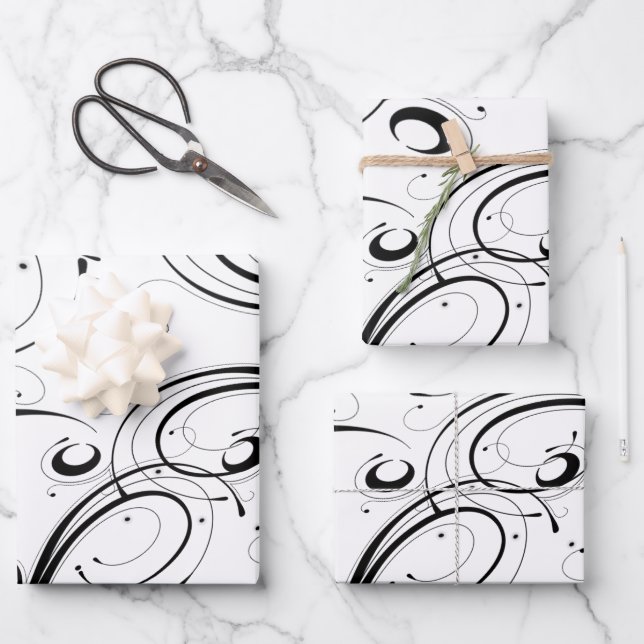 Einfache, schöne Schwarz-Weiß-Scroll-Wrapping P Geschenkpapier Set (Vorderseite)