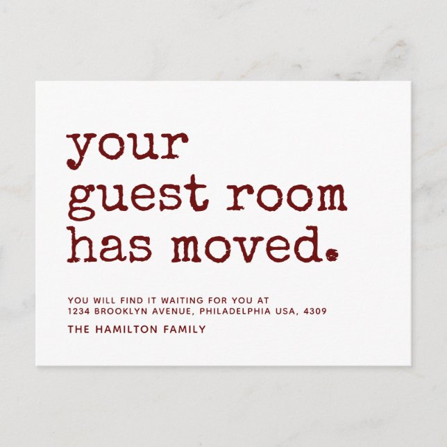 Einfache Schreibmaschine Ihr Gästezimmer hat sich  Ankündigungspostkarte (Vorderseite)