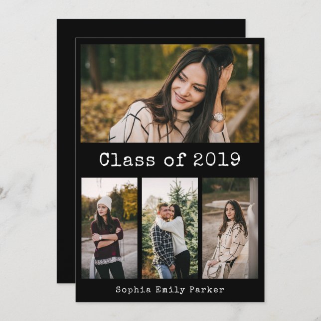 Einfache Schreibmaschine Schwarz | Graduierungspar Einladung (Vorne/Hinten)