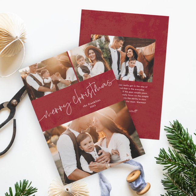 Einfache Schrift fröhliche Weihnachts-Foto-Collage Feiertagskarte (Modern script merry christmas photo collage red holiday card.)