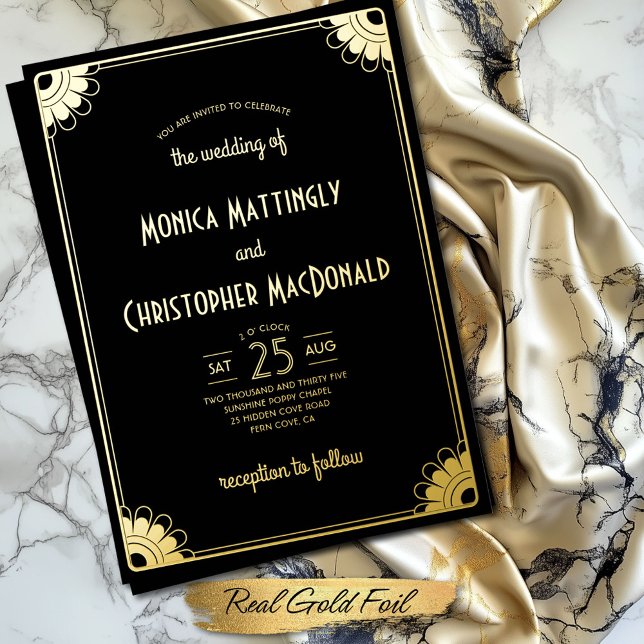 Einfache Schwarz-Gold-Art-Deco-Tour Folieneinladung (Chic black and gold art deco floral wedding invite with real gold foil)