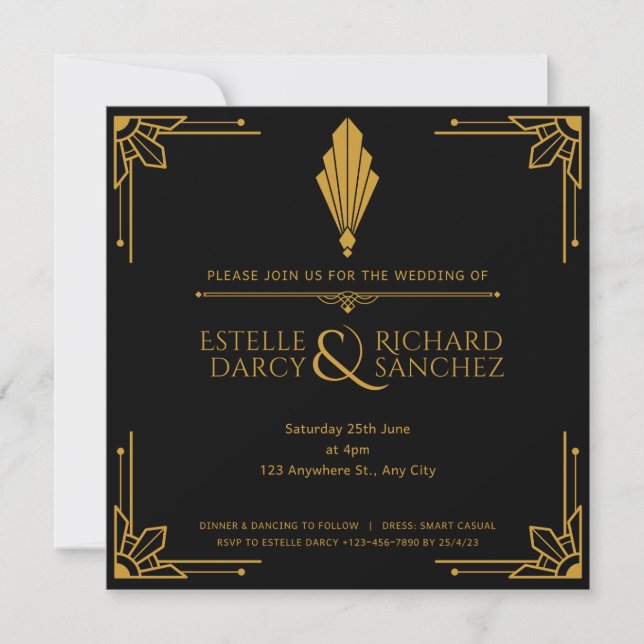 Einfache Schwarz/Gold Hochzeitskarte Einladung (Vorderseite)