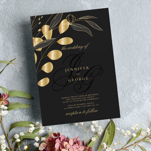 Einfache Schwarz-Gold-Monogramm-Initialen Blumenho Einladung (Simple black gold monogram initials floral wedding )